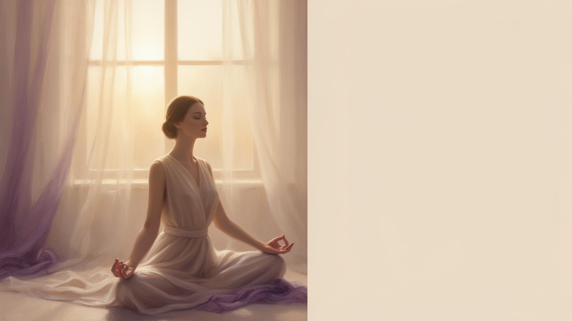 Mujer en meditación junto a una ventana con luz dorada